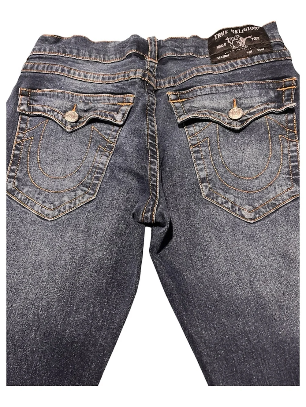 True Religion men’s Straight Leg Jeans in Dark Blue with Faded Detail